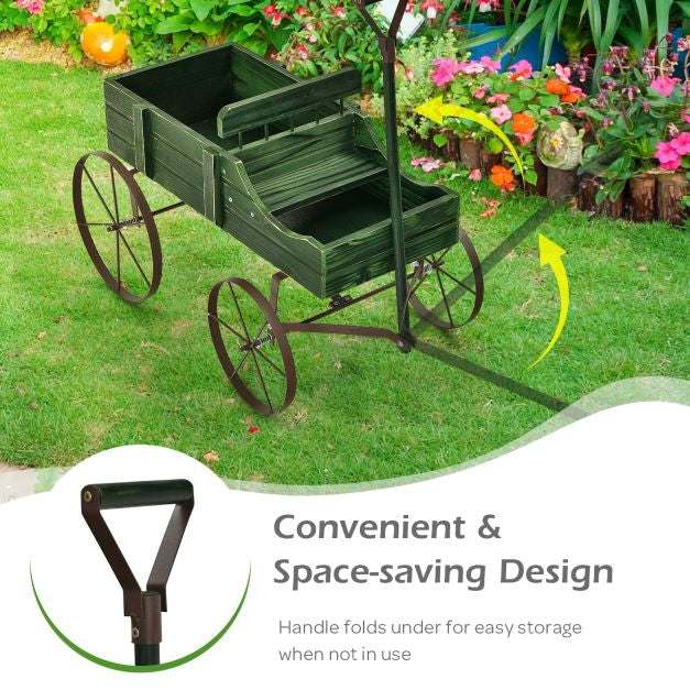 Wood Wagon Planter Cart, Adjustable Handle, 4 Wheels, Green