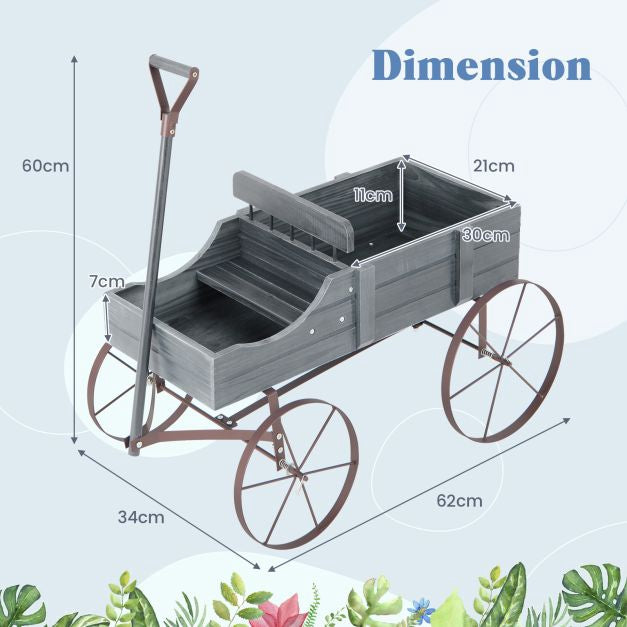 Wood Wagon Planter With Wheels, 2 Sections, Grey