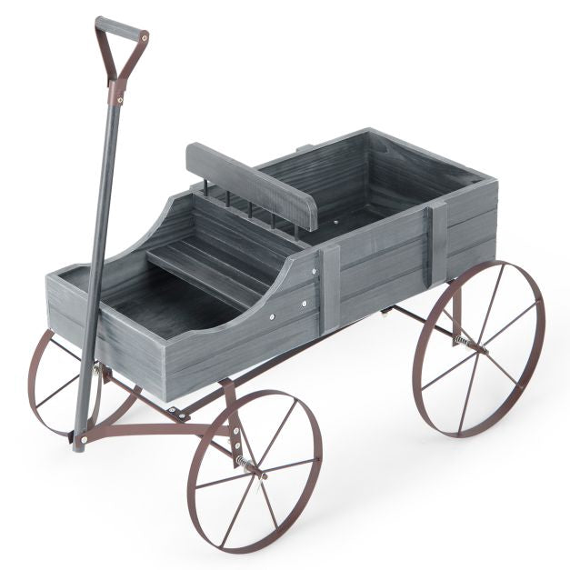 Wood Wagon Planter With Wheels, 2 Sections, Grey