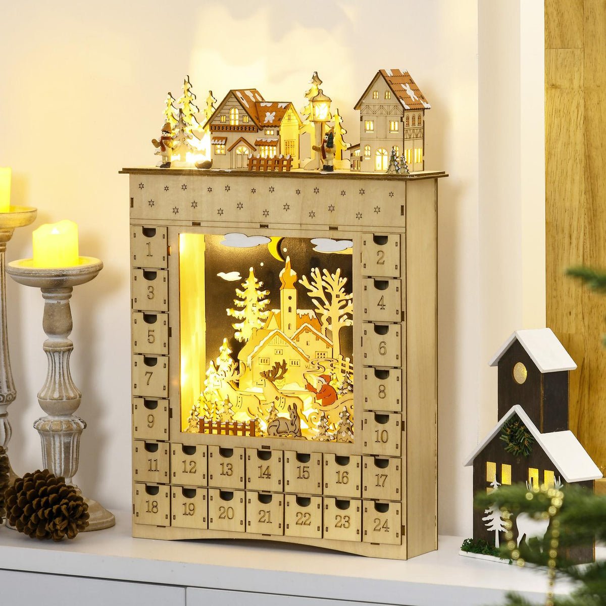 Wooden Advent Calendar with LED Lights, 24-Day Countdown