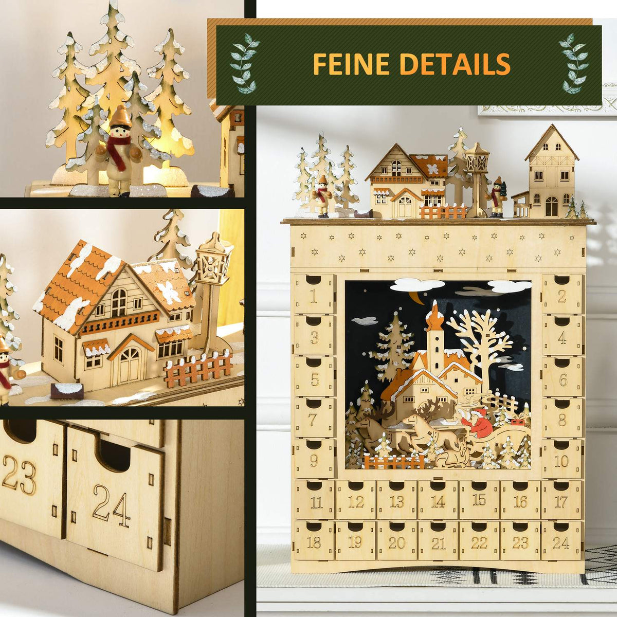 Wooden Advent Calendar with LED Lights, 24-Day Countdown