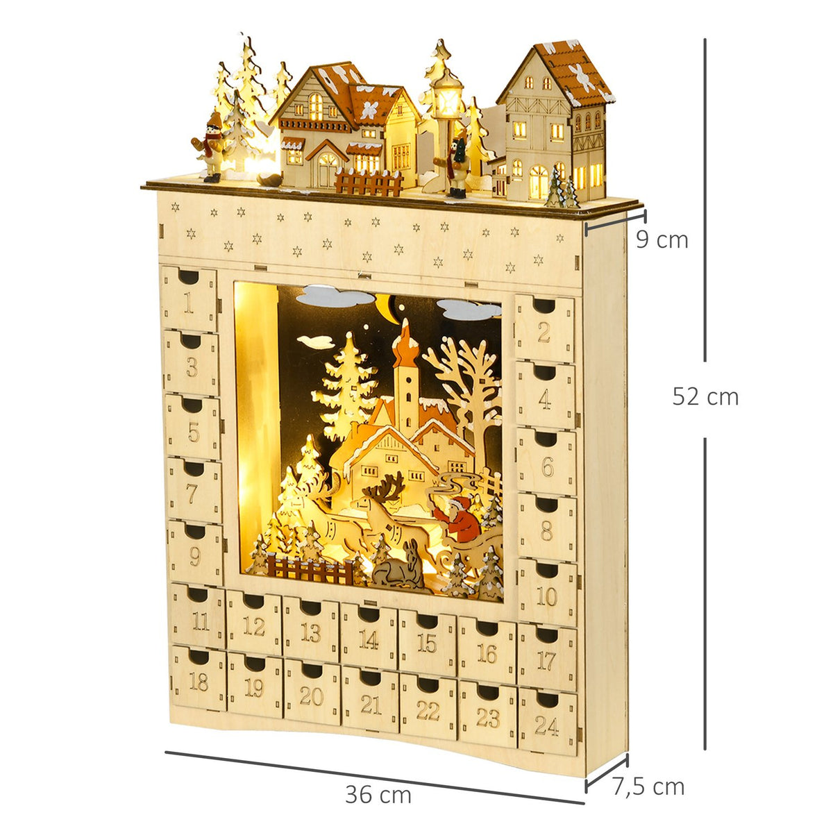 Wooden Advent Calendar with LED Lights, 24-Day Countdown