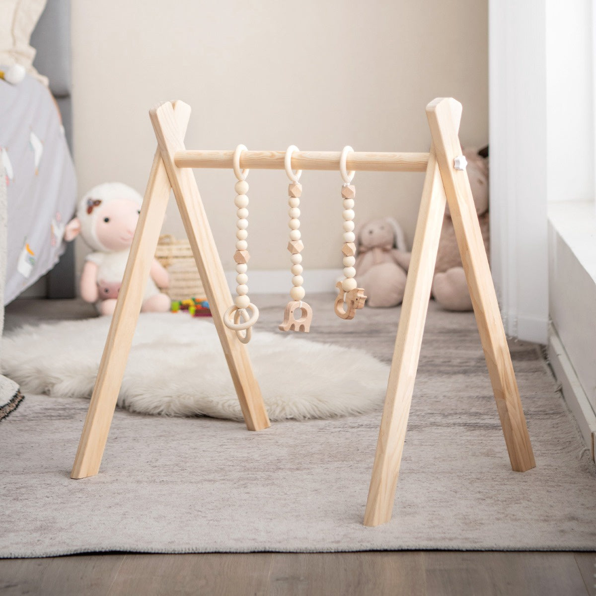 Wooden Baby Gym, Foldable, 3 Hanging Toys, 60x44x60 cm