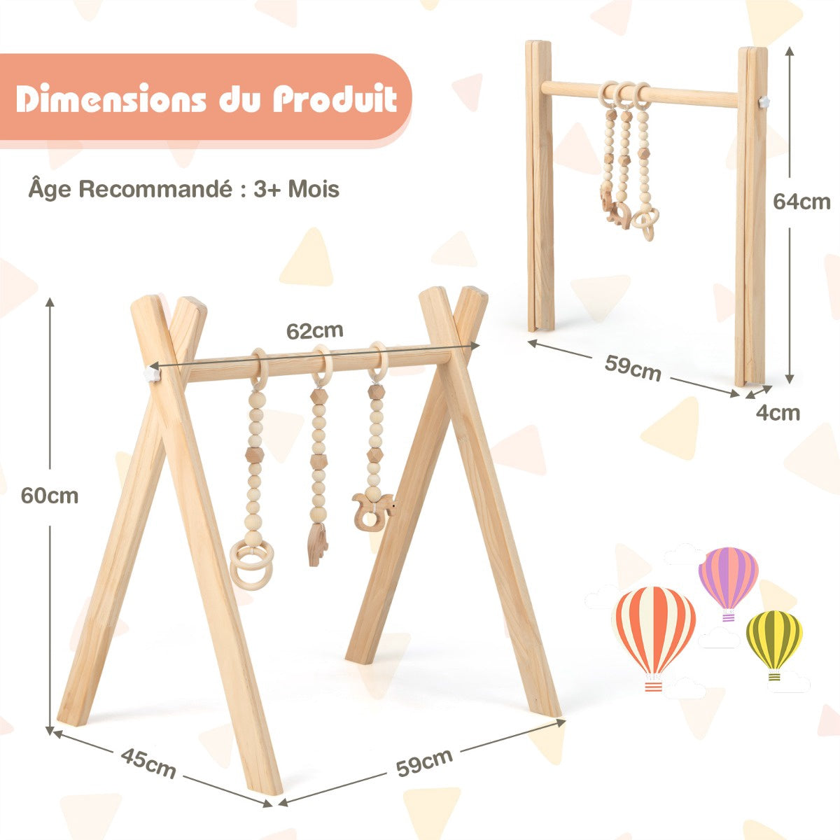 Wooden Baby Gym, Foldable, 3 Hanging Toys, 60x44x60 cm