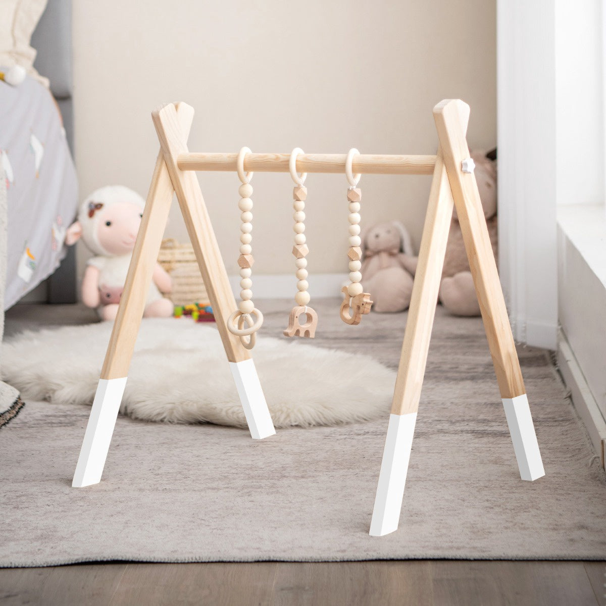 Wooden Baby Gym, Foldable Play Frame with 3 Hanging Toys