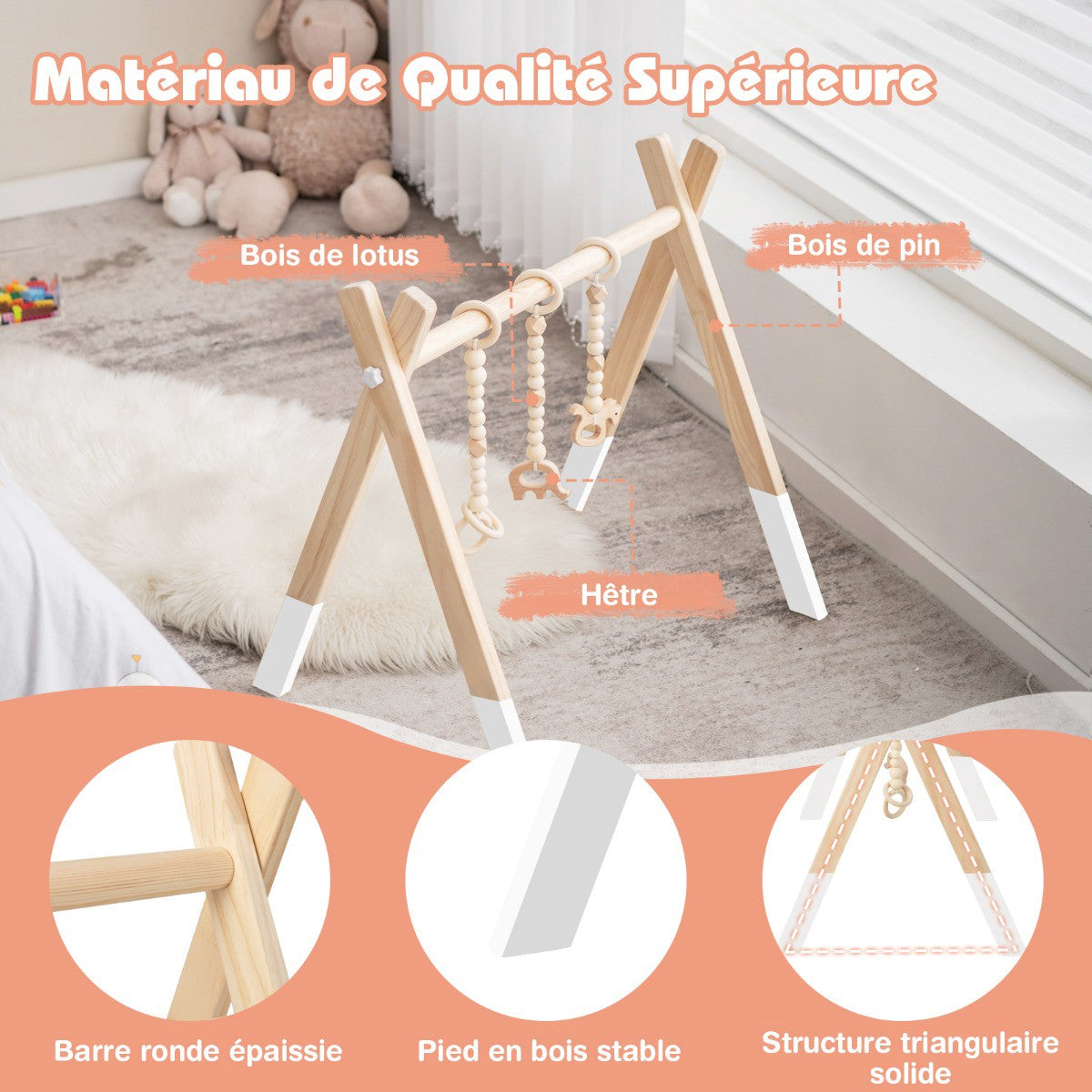 Wooden Baby Gym, Foldable Play Frame with 3 Hanging Toys