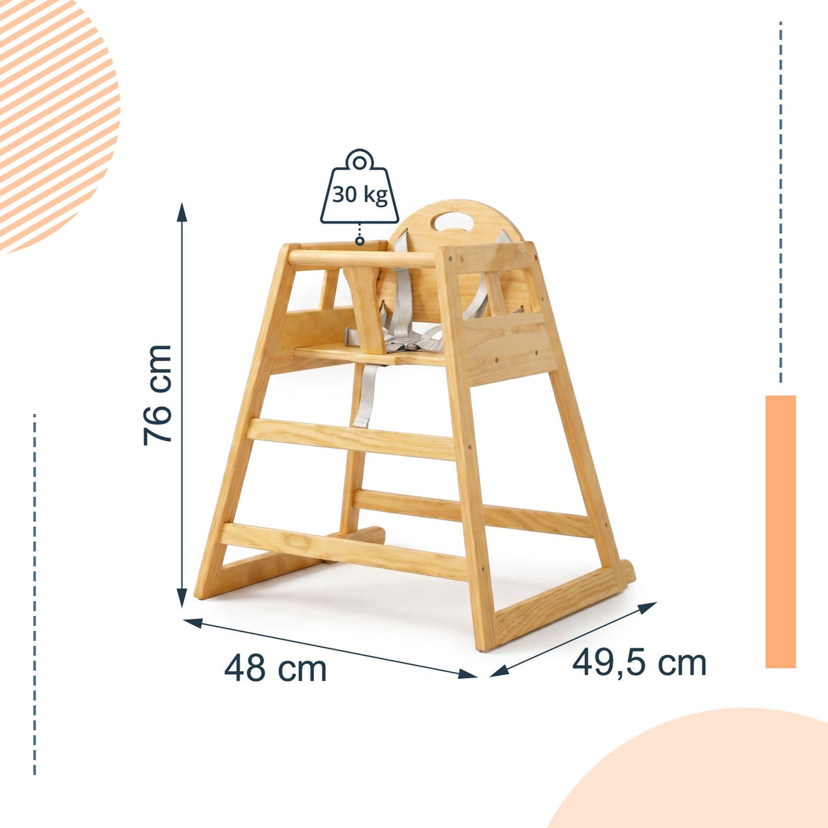 Wooden Baby High Chair with Harness, Natural Pine