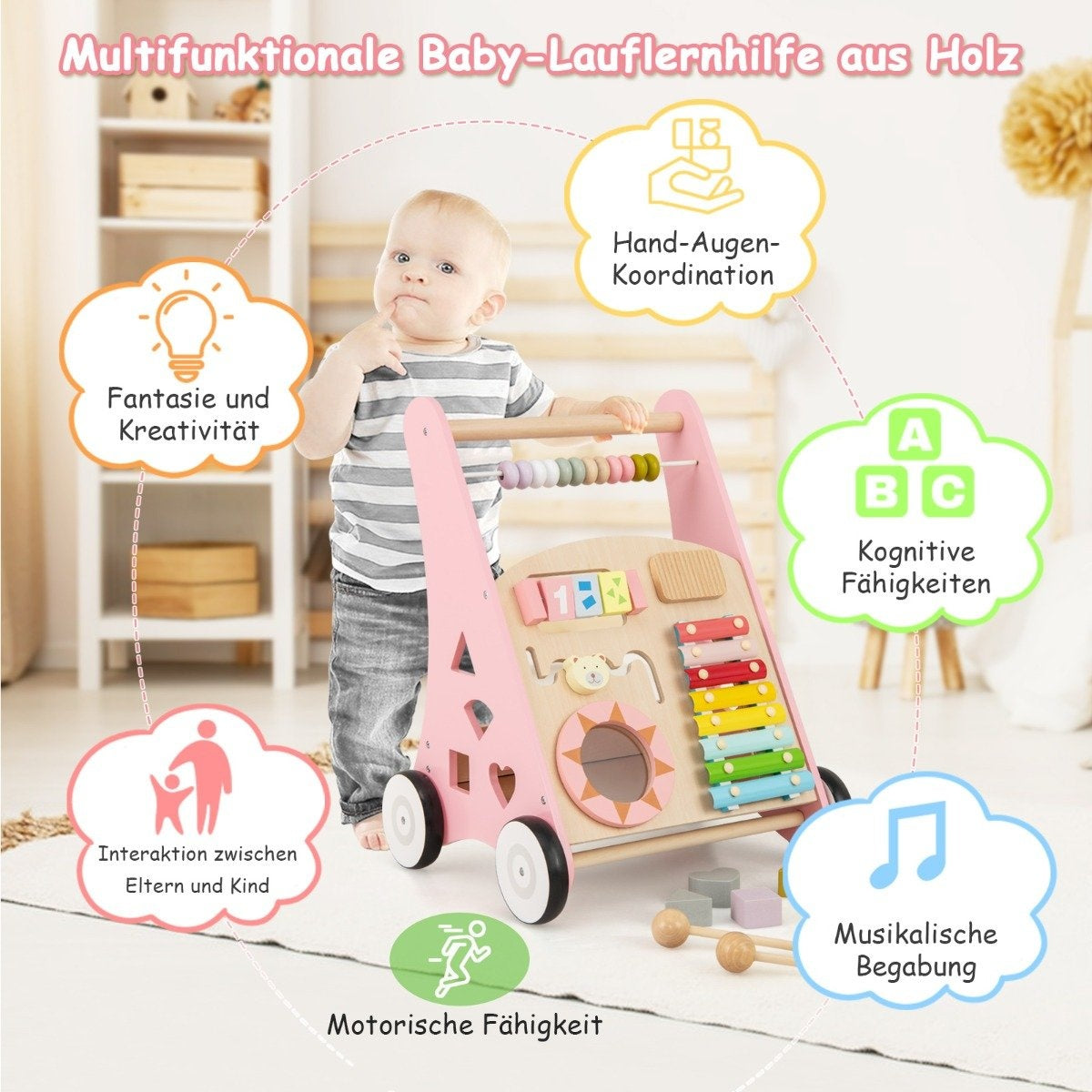 Wooden Baby Walker with Activities and Smooth Handles