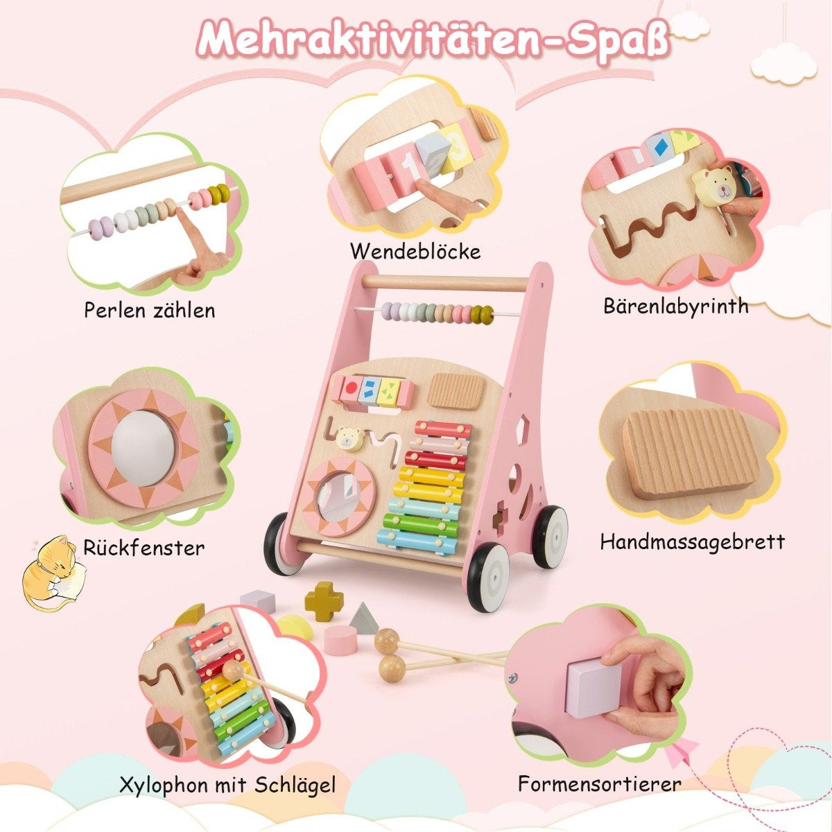 Wooden Baby Walker with Activities and Smooth Handles