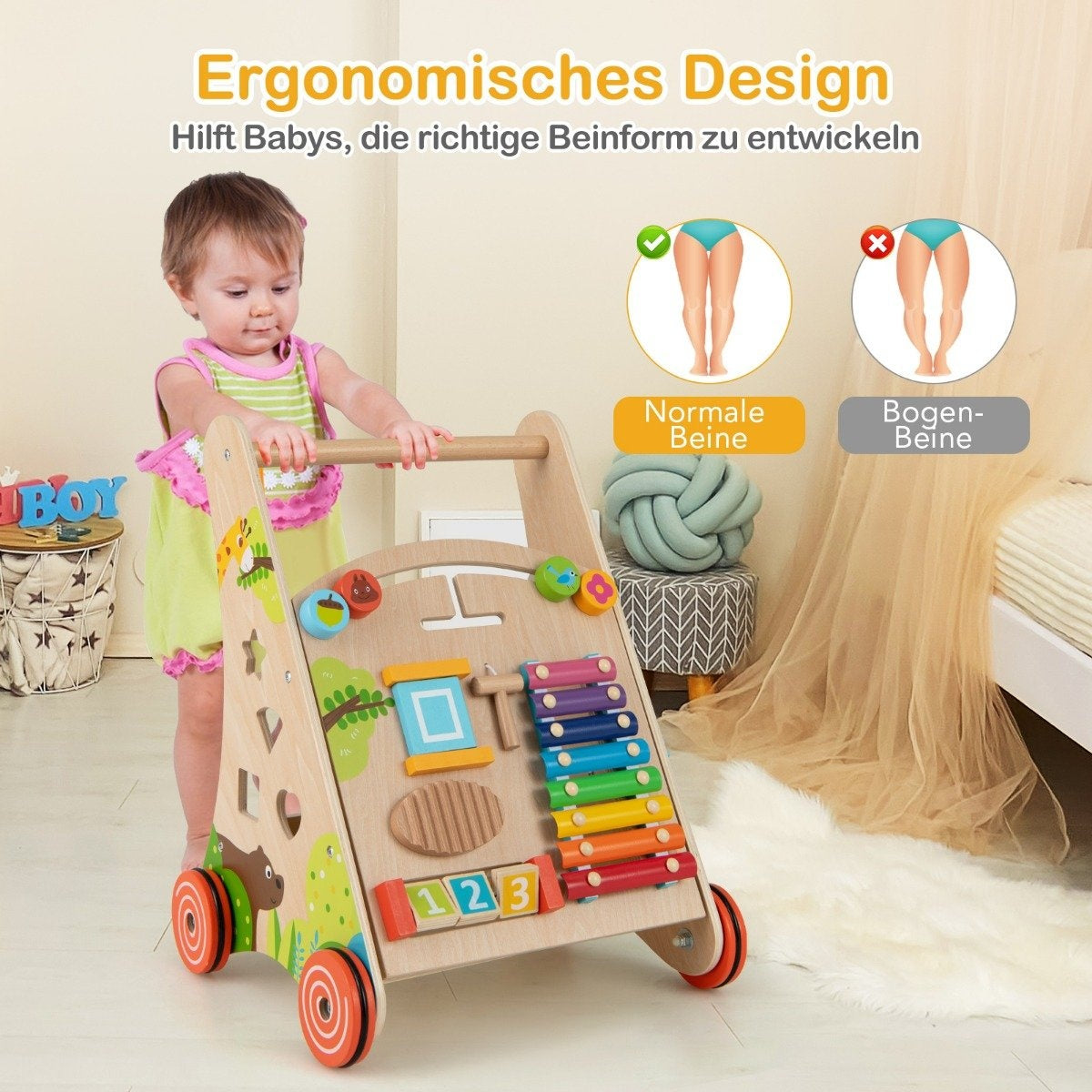 Wooden Baby Walker with Handle, Storage, and Wheels