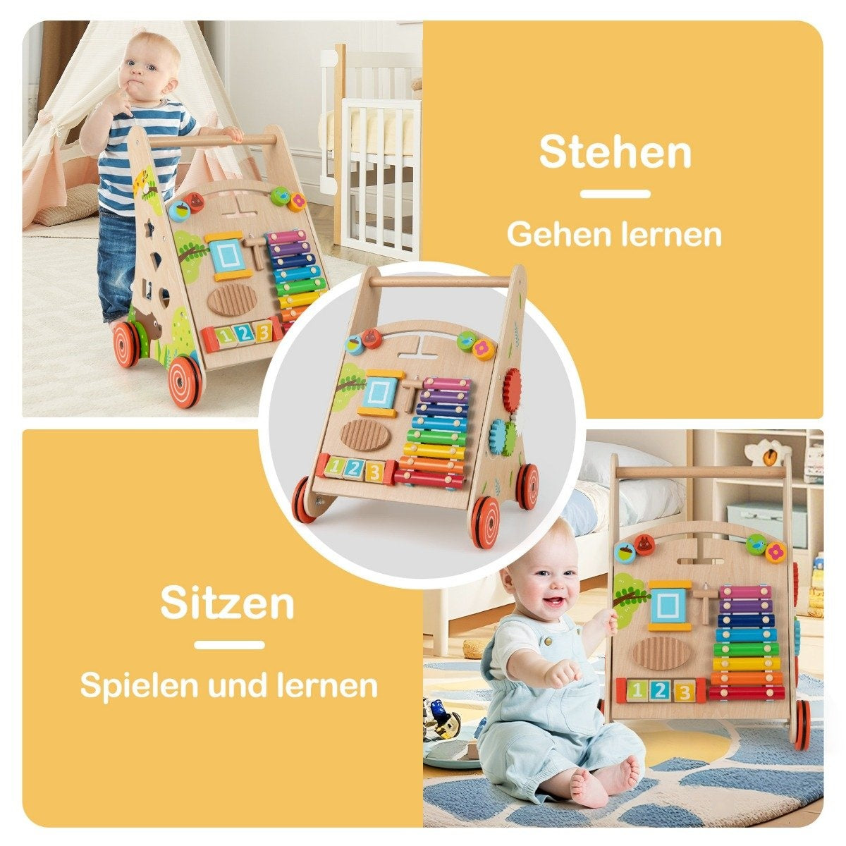 Wooden Baby Walker with Handle, Storage, and Wheels