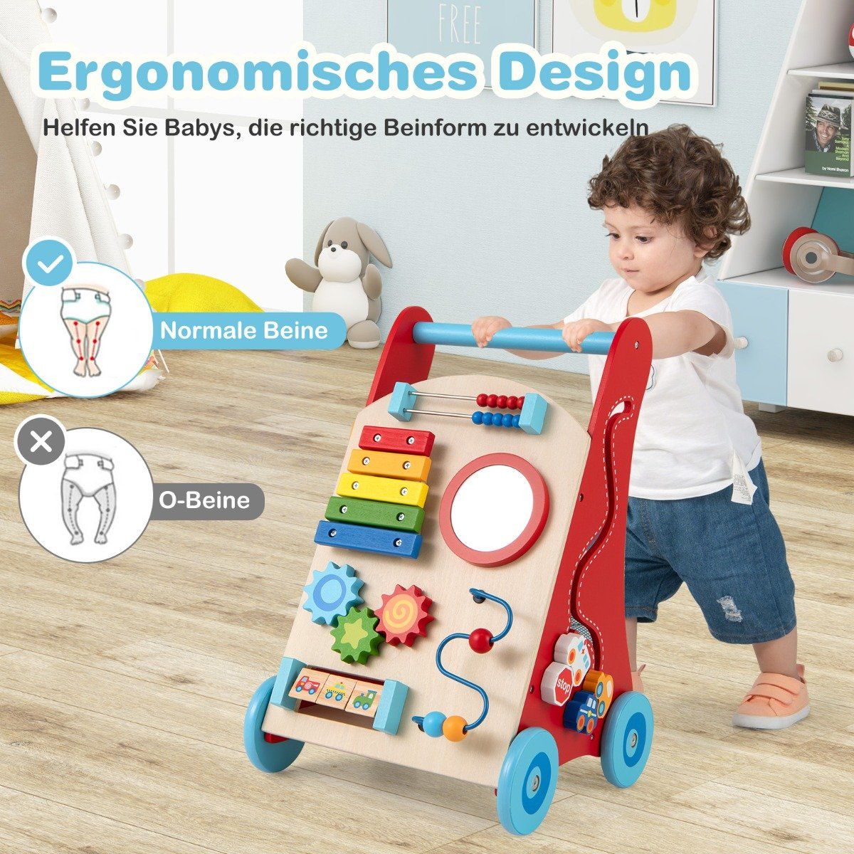 Wooden Baby Walker with Handle, Storage, and Wheels