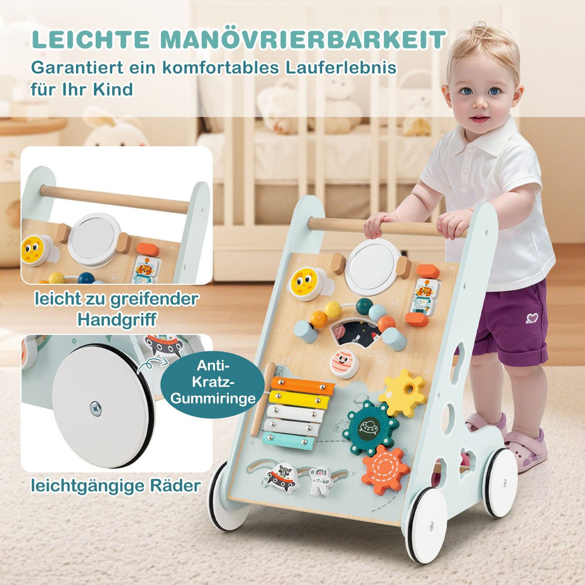 Wooden Baby Walker with Wheels, 8-in-1 Activity Center