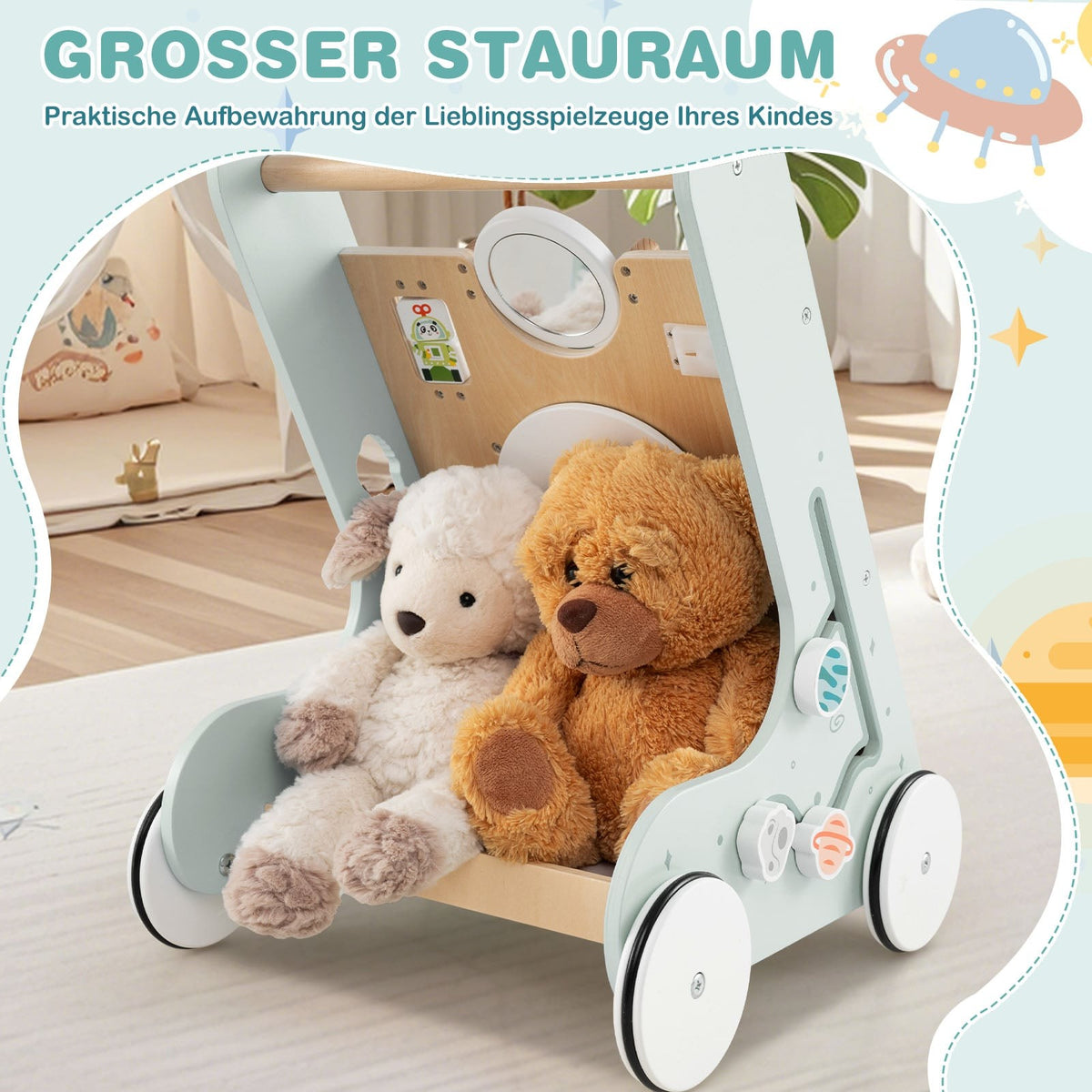 Wooden Baby Walker with Wheels, 8-in-1 Activity Center