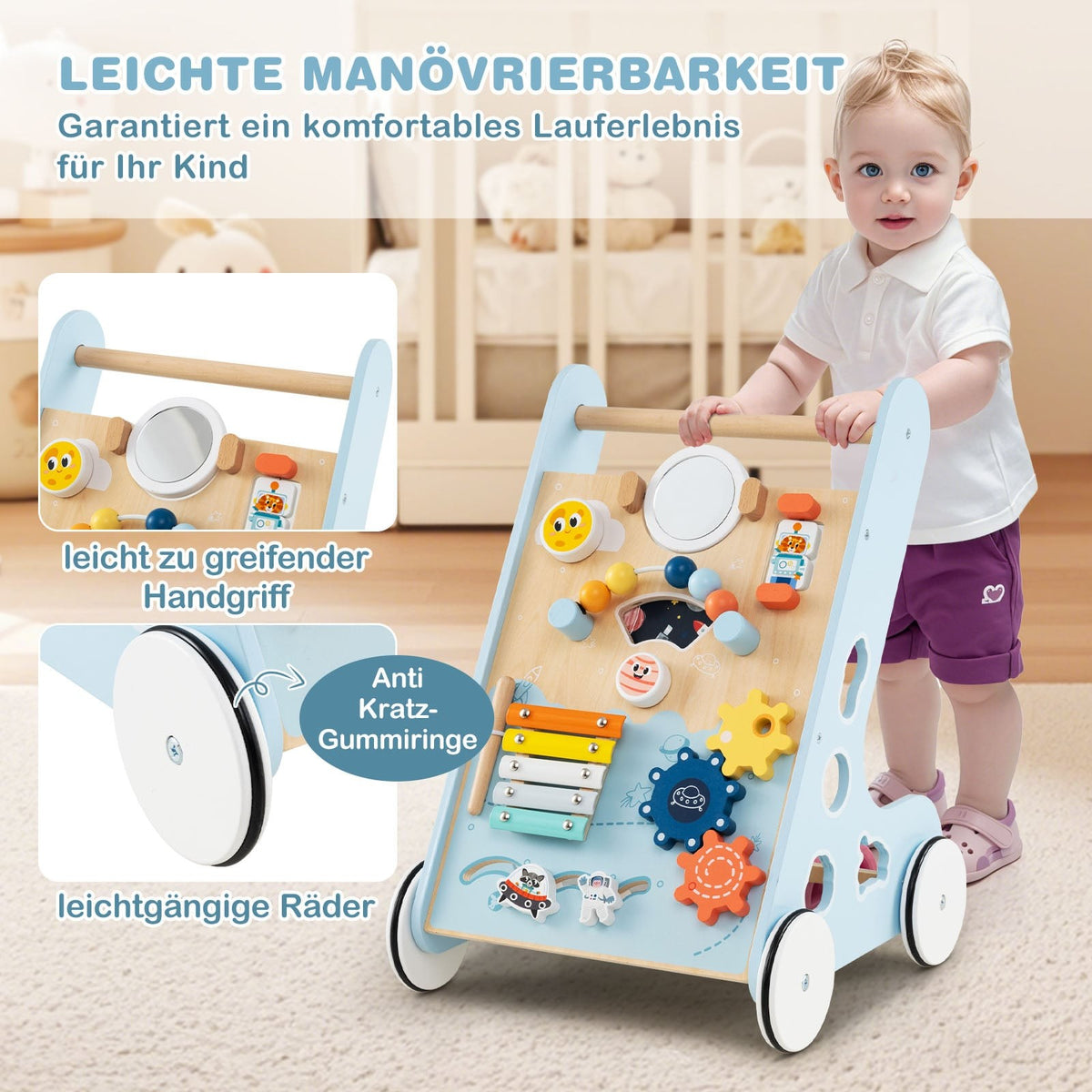 Wooden Baby Walker with Wheels, 8-in-1 Activity Center