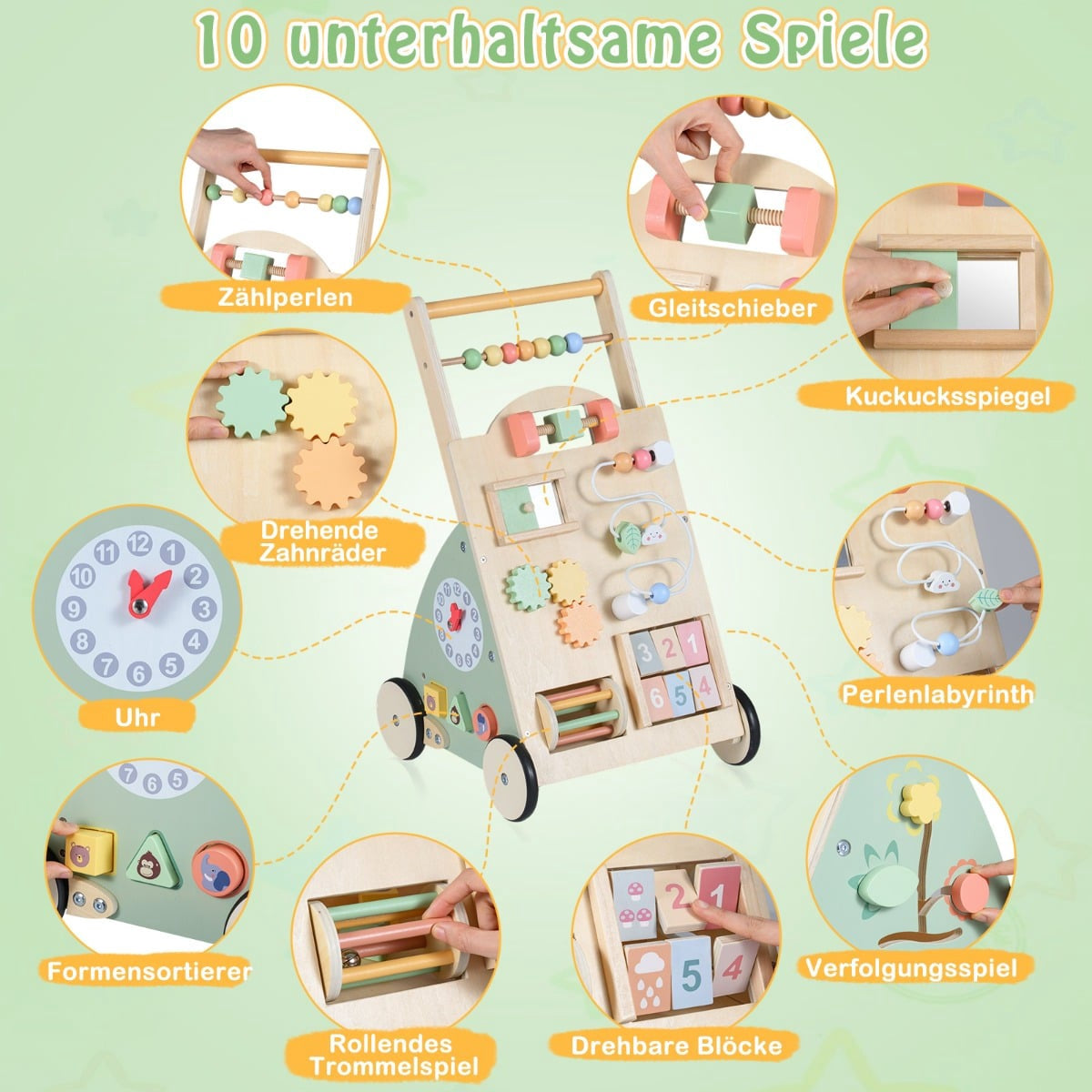 Wooden Baby Walker with Wheels & Storage Basket