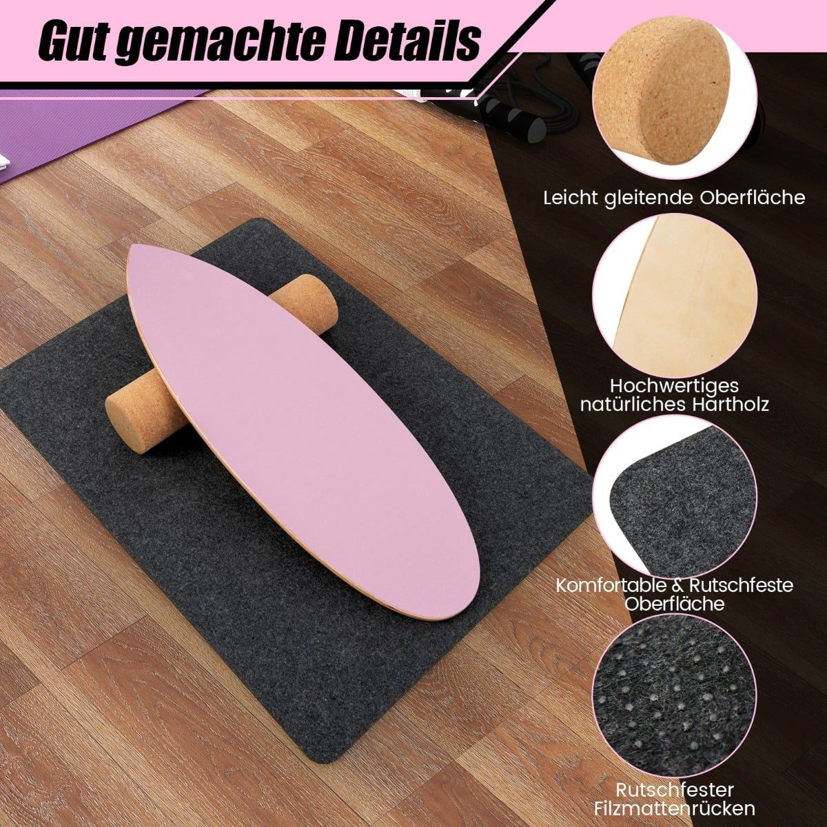Wooden Balance Board Set with Cork Roller and Mat