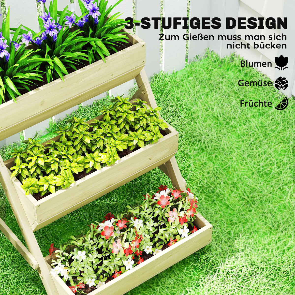 Wooden Balcony Herb Planter, 3-Tier, Drainage Holes