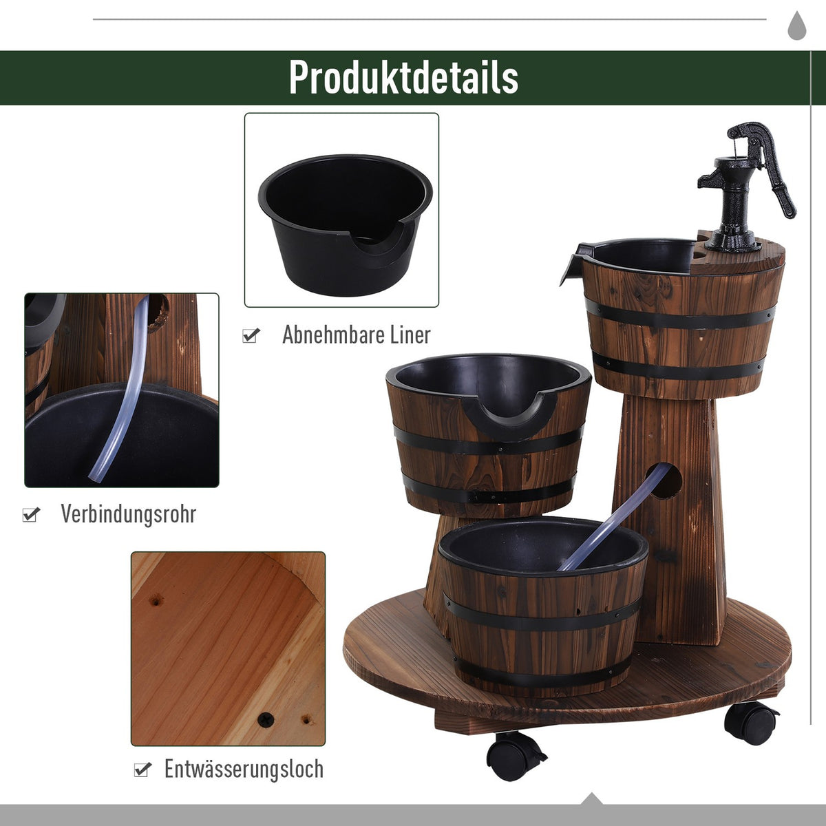 Wooden Barrel Fountain Cascade Fountain With Water Pump, Indoor Fountain, Fir Wood, Charred Wood, 60X60X78Cm