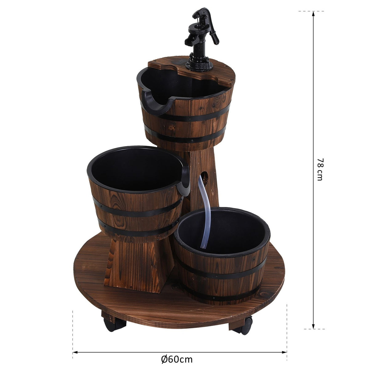 Wooden Barrel Fountain Cascade Fountain With Water Pump, Indoor Fountain, Fir Wood, Charred Wood, 60X60X78Cm