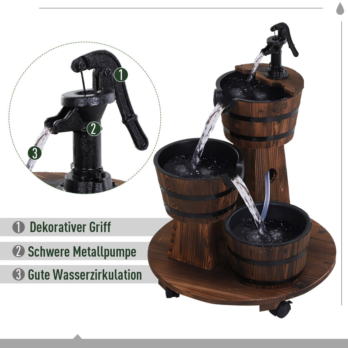 Wooden Barrel Fountain Cascade Fountain With Water Pump, Indoor Fountain, Fir Wood, Charred Wood, 60X60X78Cm