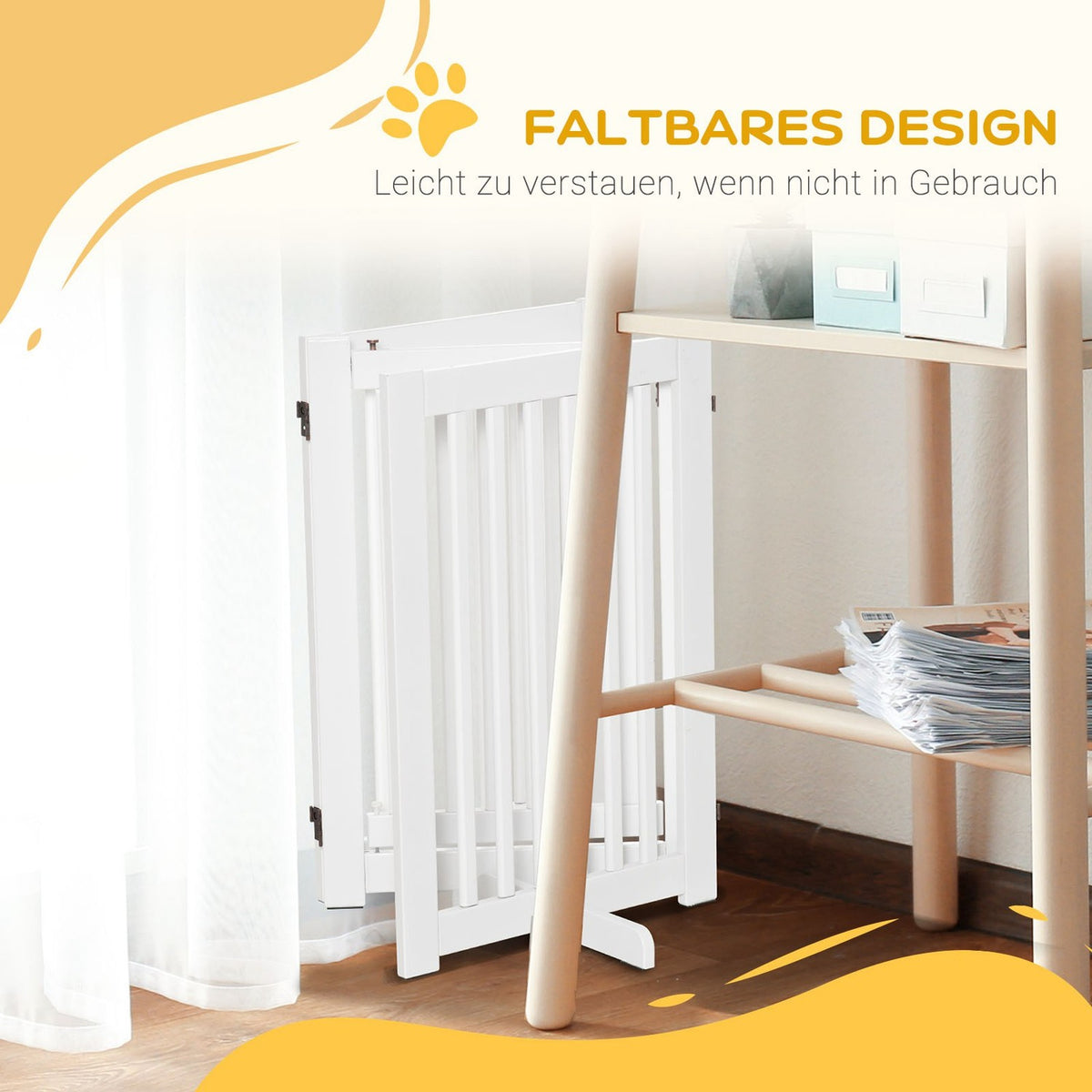 Wooden Barrier Gate Freestanding Protective Gate For Dogs, Adjustable, Foldable, White, 155X1.5X76 Cm