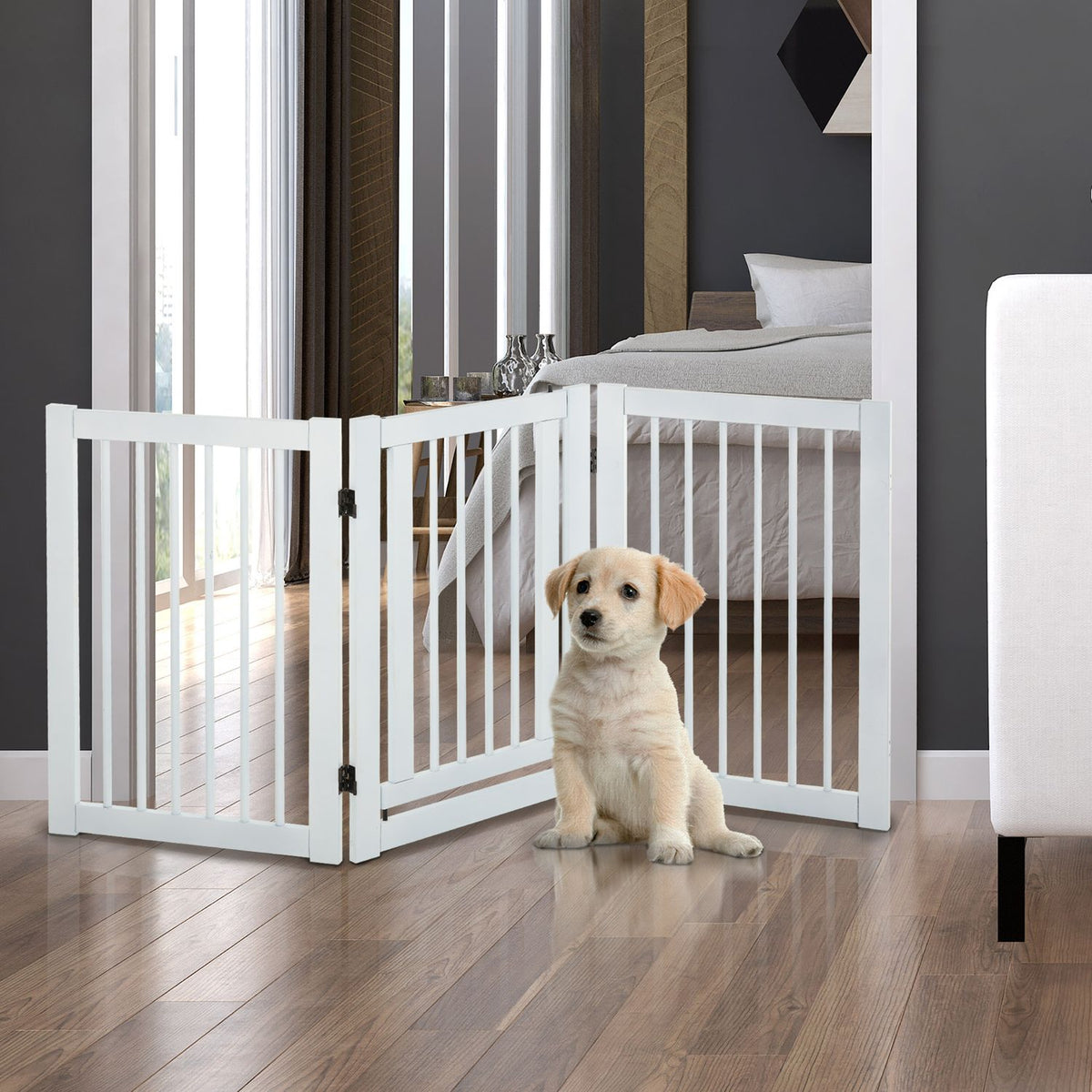 Wooden Barrier Gate Freestanding Protective Gate For Dogs, Adjustable, Foldable, White, 155X1.5X76 Cm