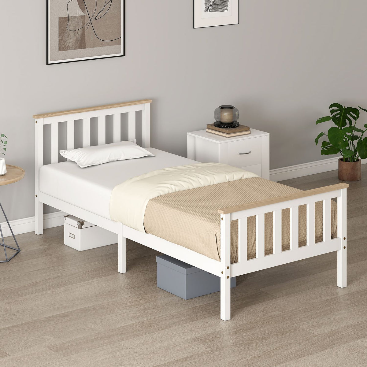Wooden Bed Frame, Single, Natural Finish, Storage