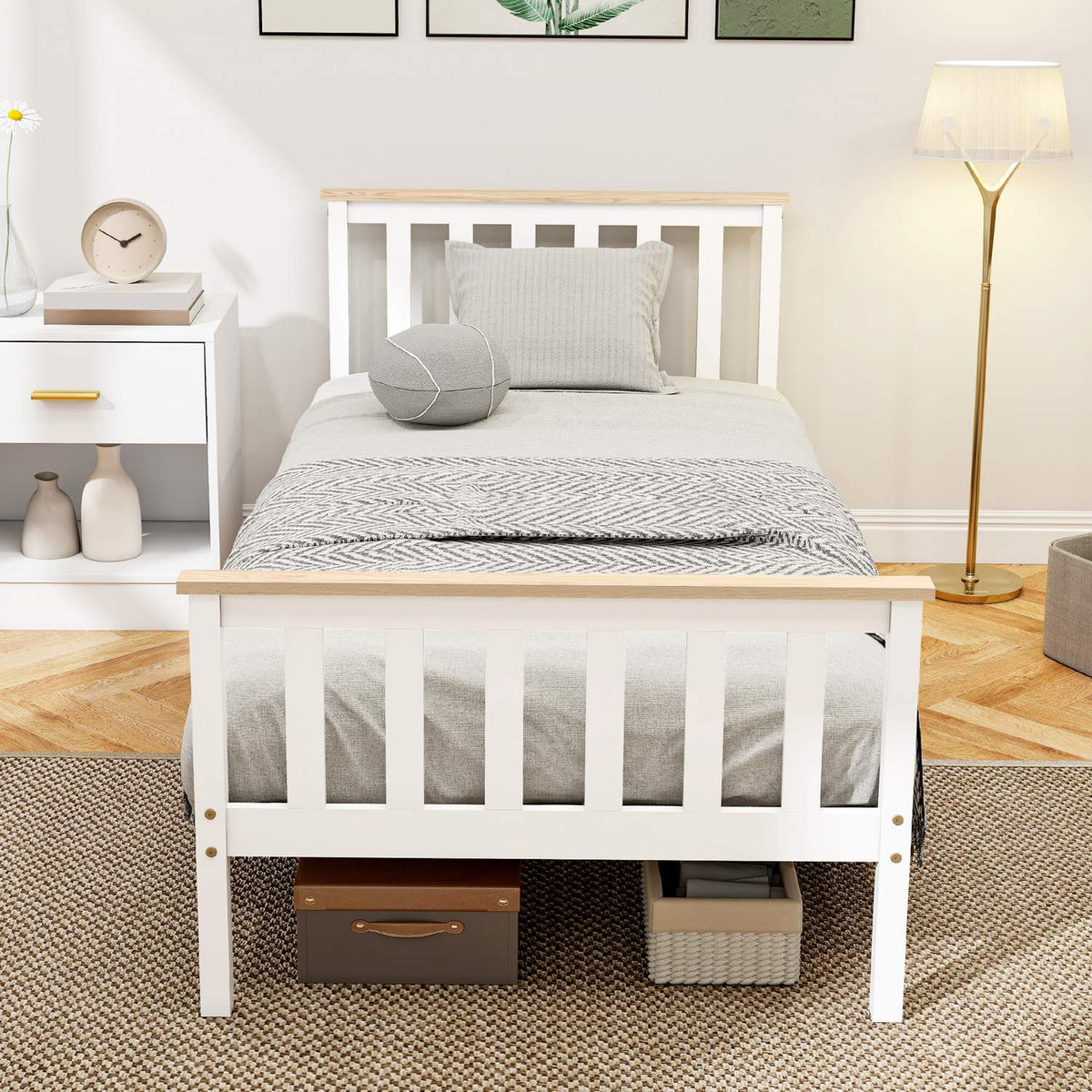Wooden Bed Frame, Single, Natural Finish, Storage