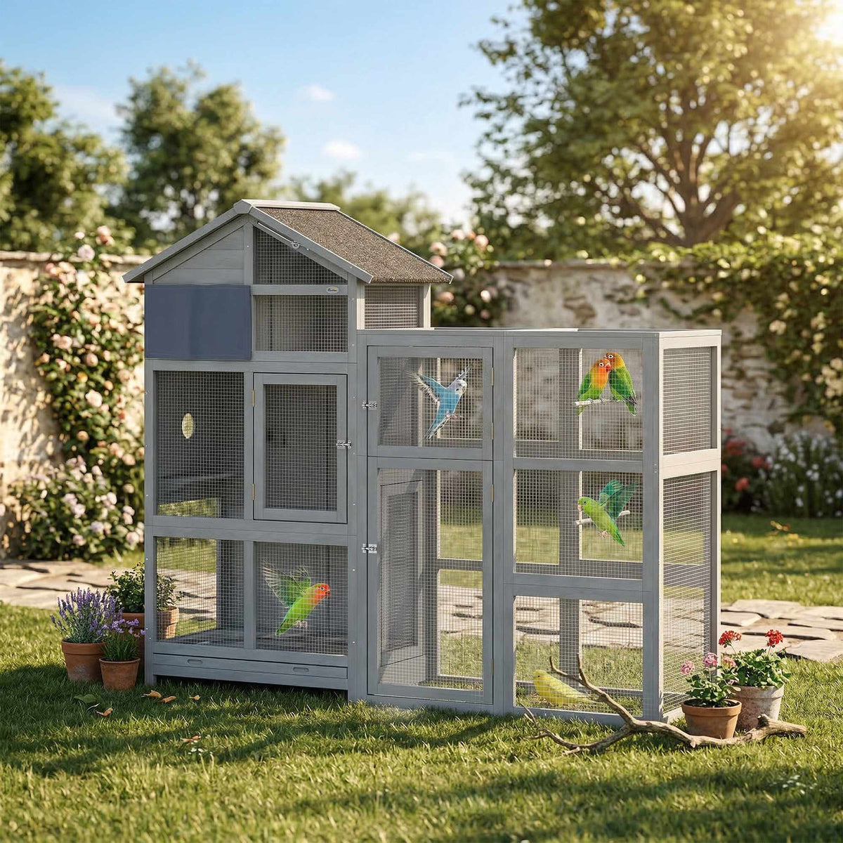 Wooden Bird Aviary with Perches, Drawer, Stainless Bowls