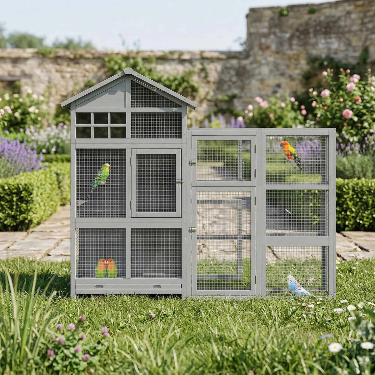 Wooden Bird Aviary with Perches, Drawer, Stainless Bowls