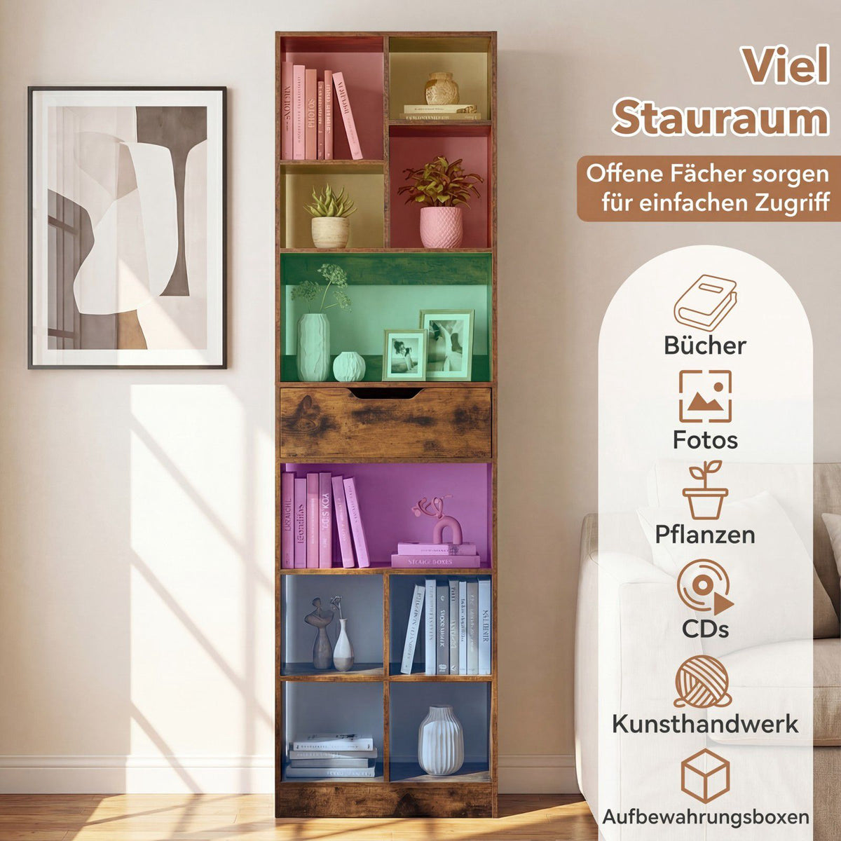 Wooden Bookshelf with 10 Shelves & 1 Drawer, 50x24x180 cm