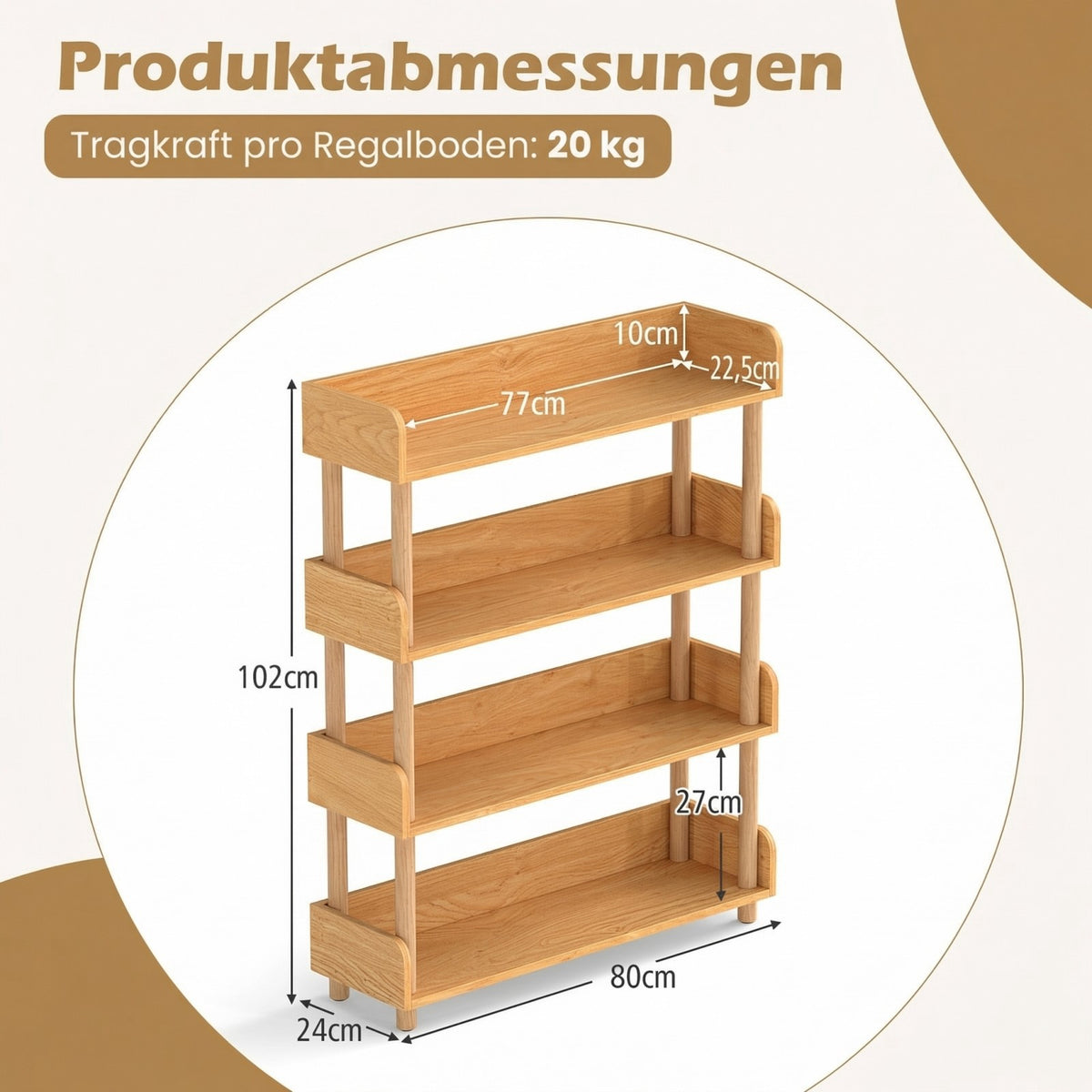 Wooden Bookshelf with 3 Open Shelves and Side Grids