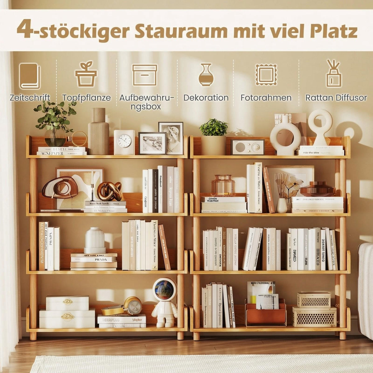 Wooden Bookshelf with 3 Open Shelves and Side Grids