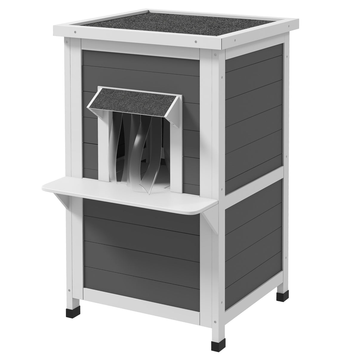Wooden Cat House 2-Tier Weatherproof Cat House With Roof, Gray & White, 60X60X81.5Cm