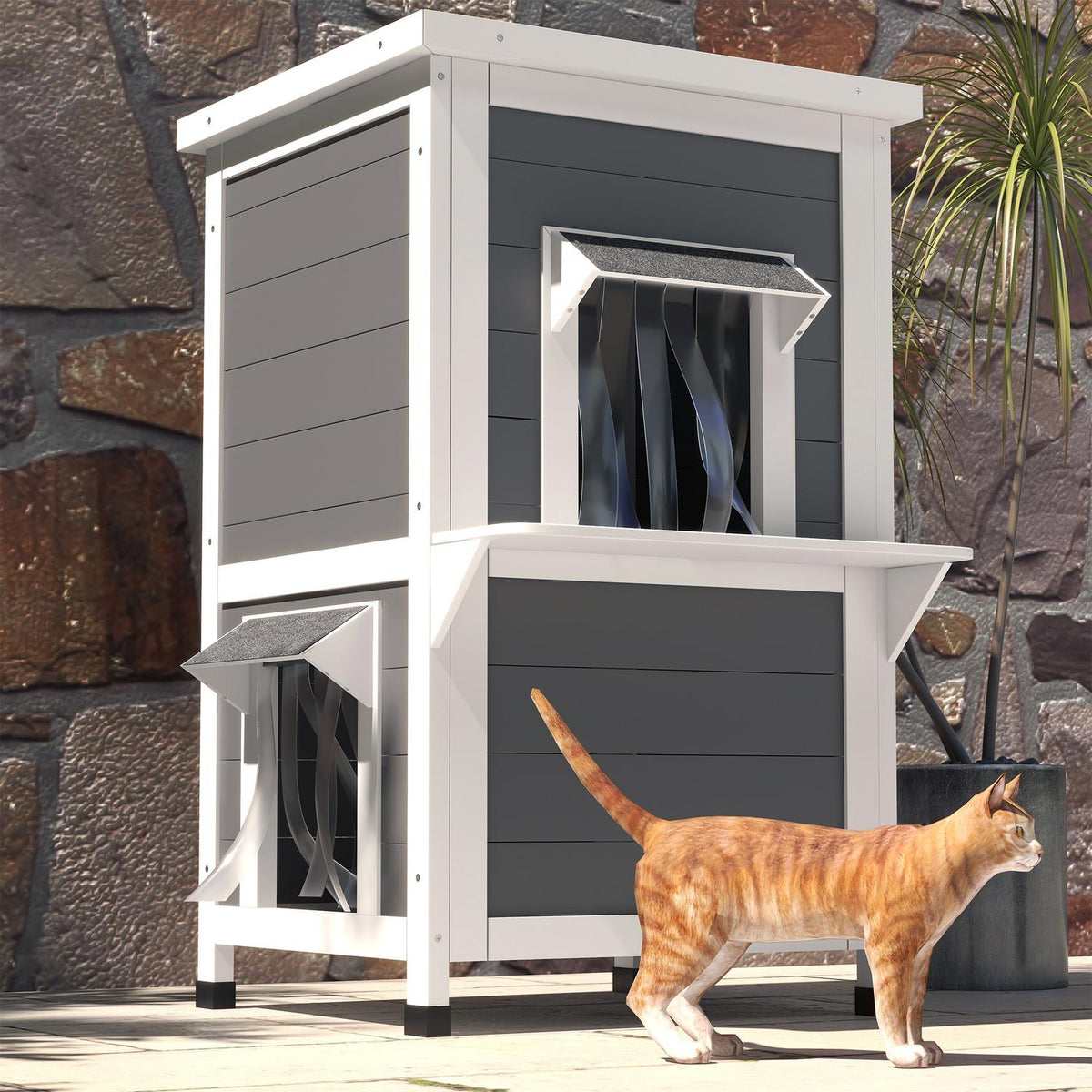 Wooden Cat House 2-Tier Weatherproof Cat House With Roof, Gray & White, 60X60X81.5Cm