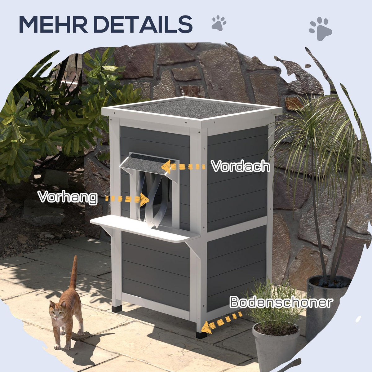 Wooden Cat House 2-Tier Weatherproof Cat House With Roof, Gray & White, 60X60X81.5Cm