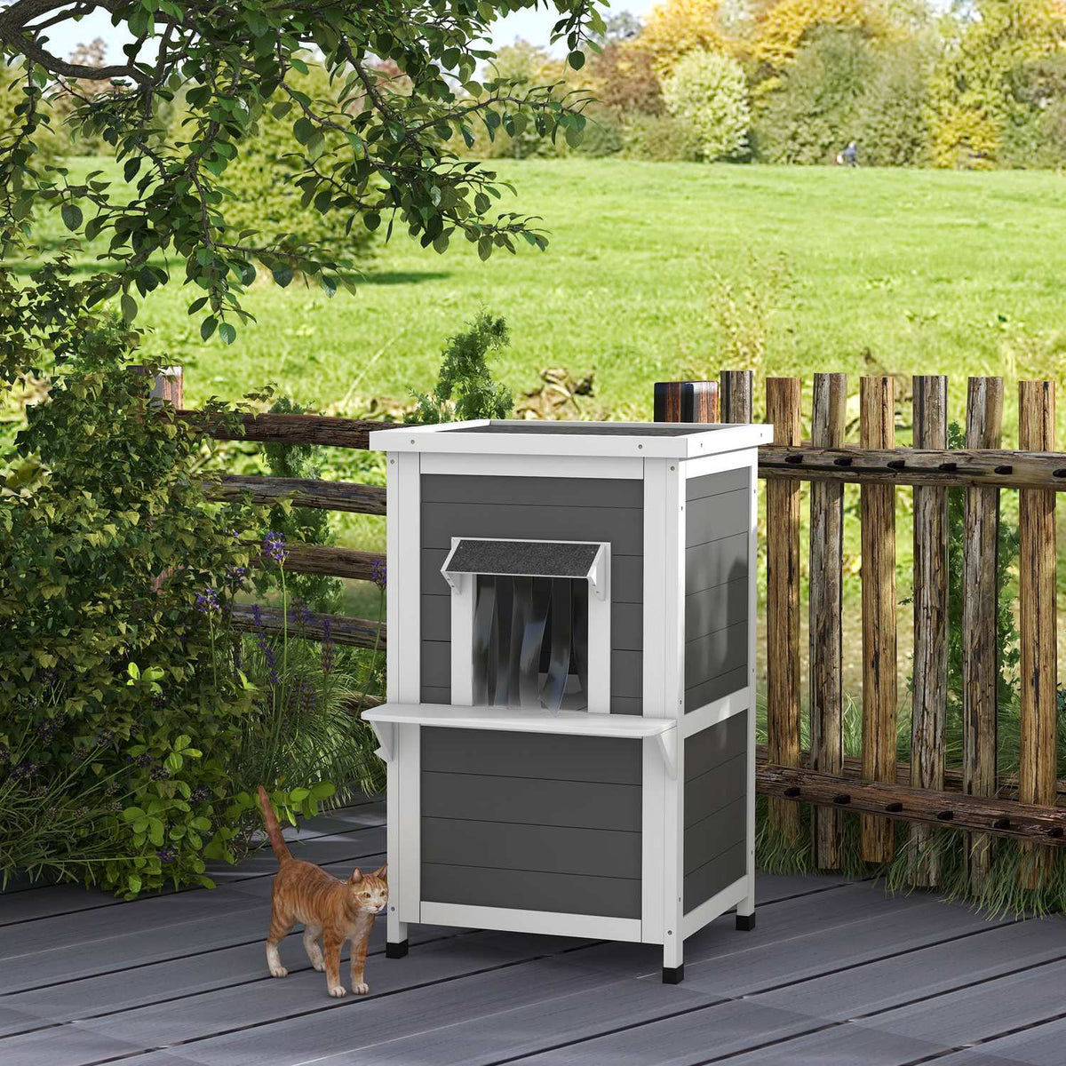 Wooden Cat House 2-Tier Weatherproof Cat House With Roof, Gray & White, 60X60X81.5Cm