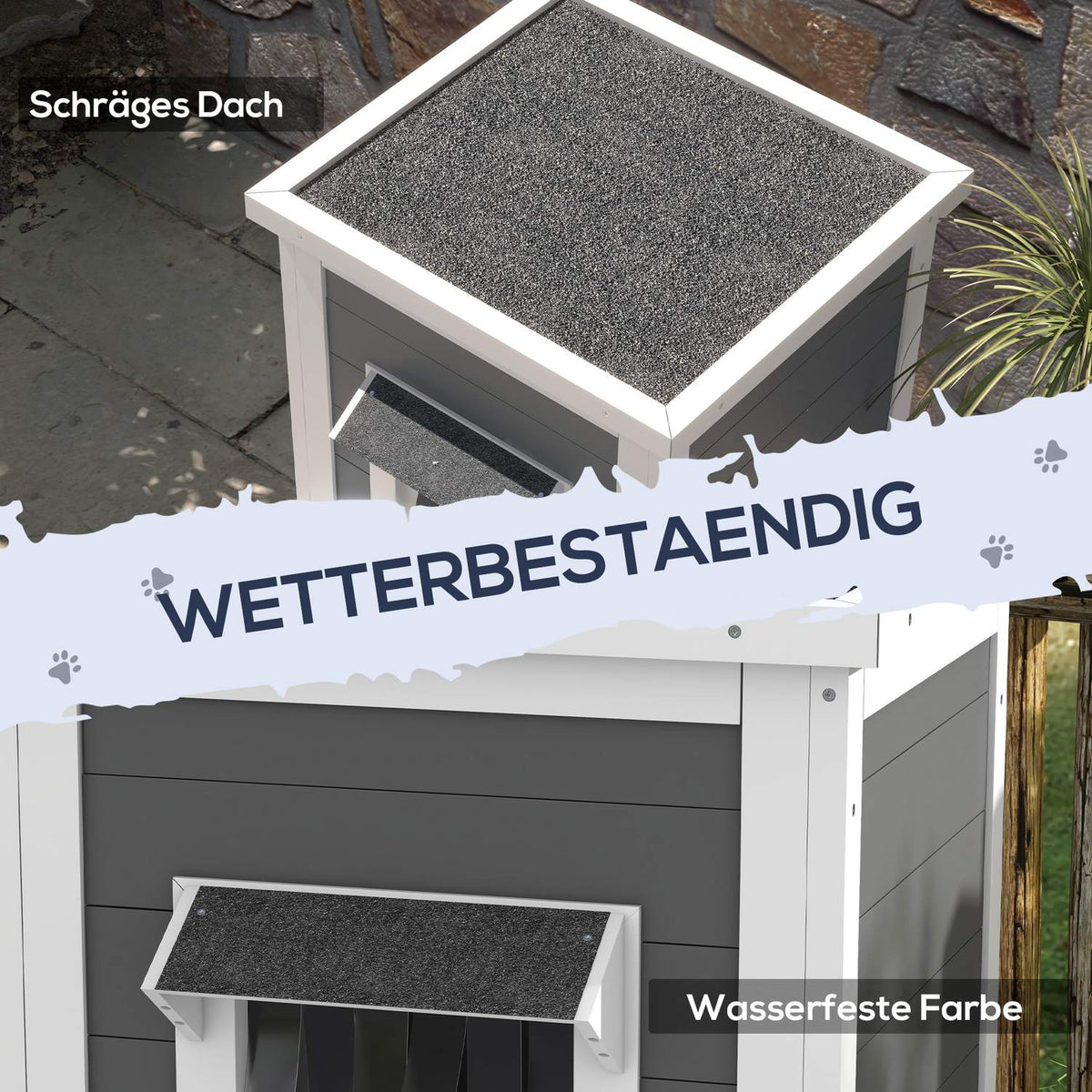 Wooden Cat House 2-Tier Weatherproof Cat House With Roof, Gray & White, 60X60X81.5Cm