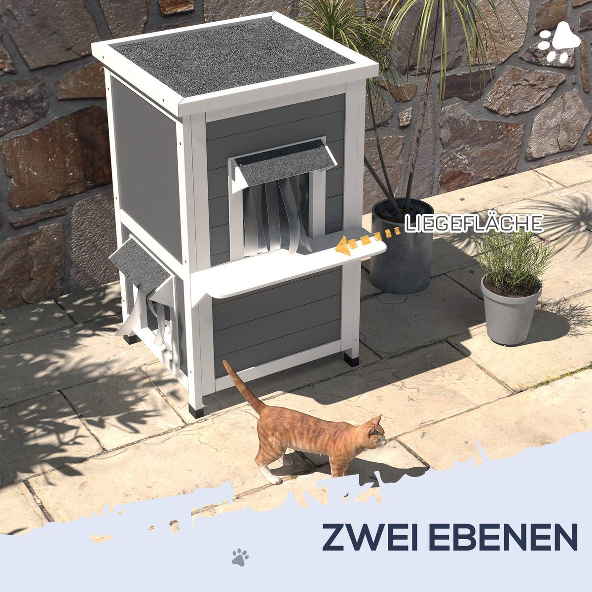 Wooden Cat House 2-Tier Weatherproof Cat House With Roof, Gray & White, 60X60X81.5Cm