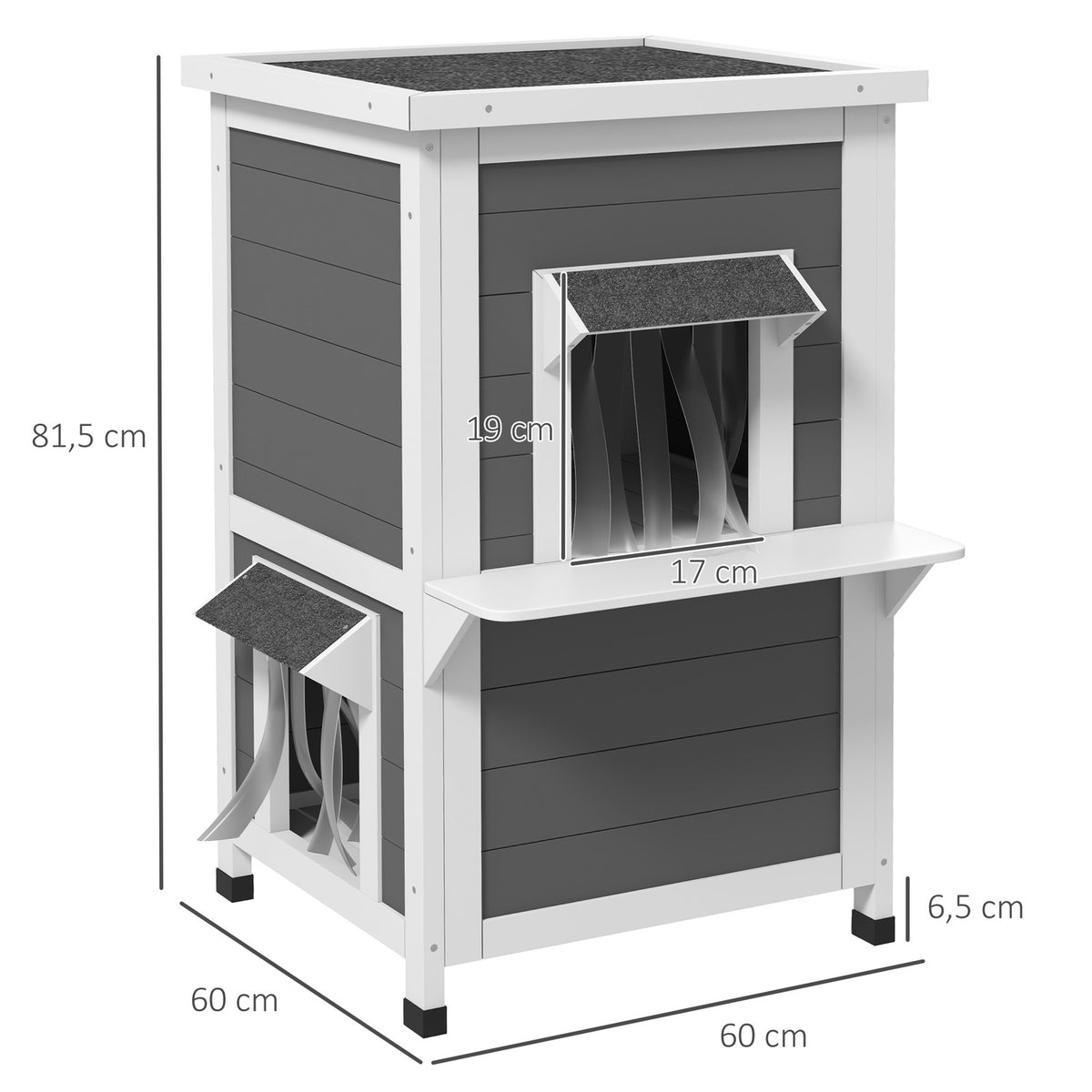 Wooden Cat House 2-Tier Weatherproof Cat House With Roof, Gray & White, 60X60X81.5Cm