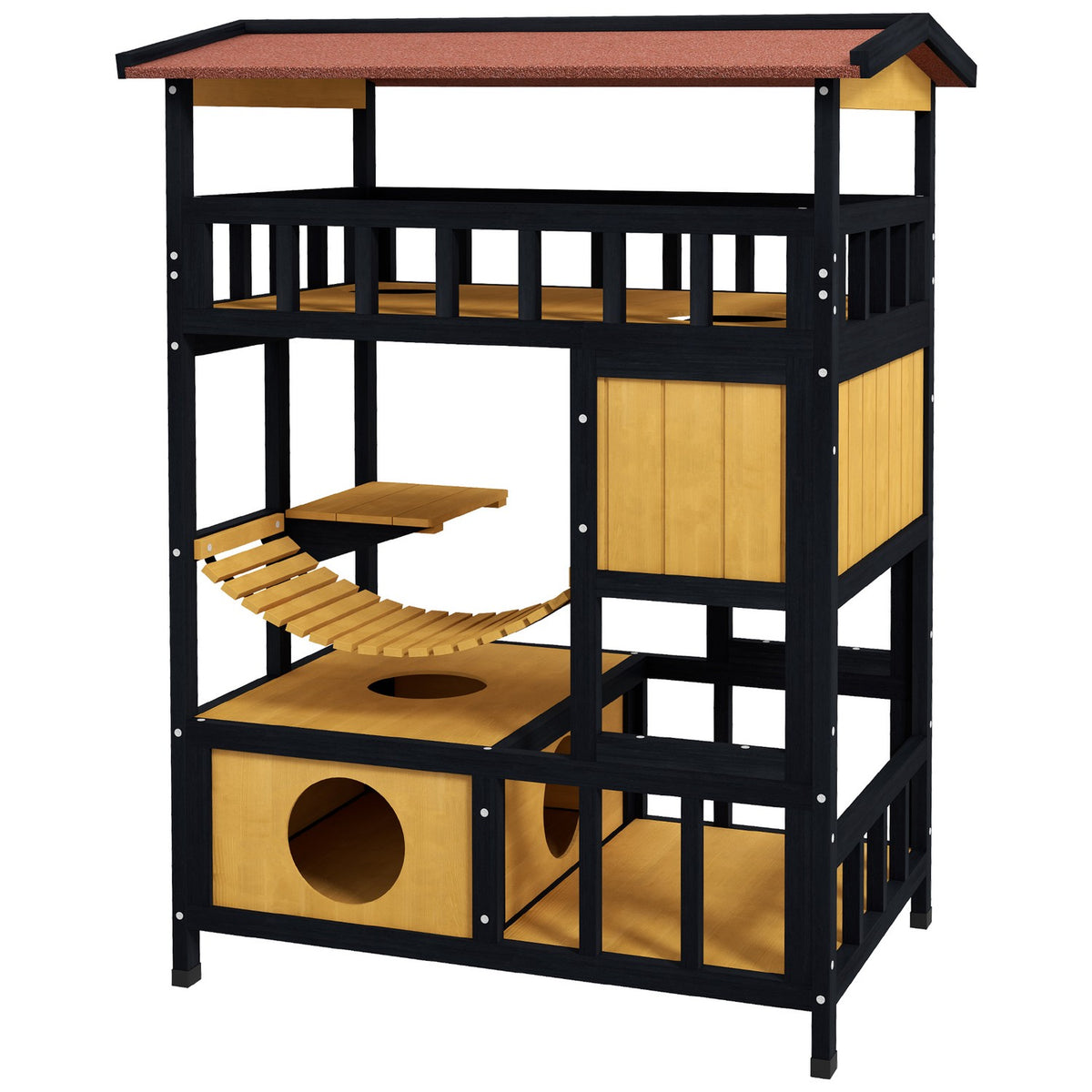 Wooden Cat House Cat Cave with Platforms, Hanging Bridge, Cat House for up to 2 Cats, Indoor and Outdoor Use, Yellow