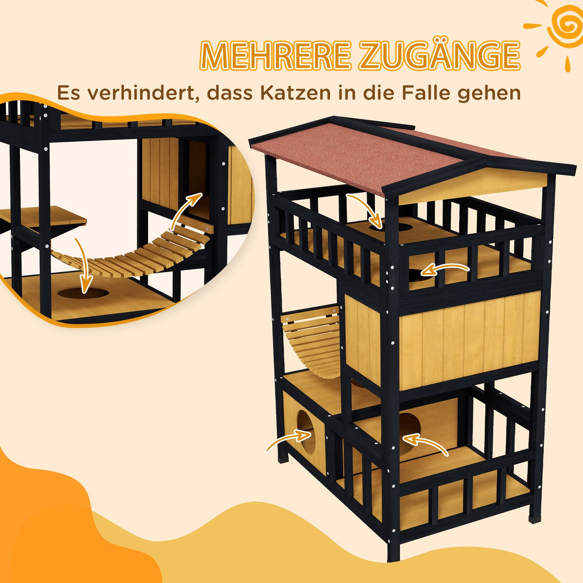 Wooden Cat House Cat Cave with Platforms, Hanging Bridge, Cat House for up to 2 Cats, Indoor and Outdoor Use, Yellow