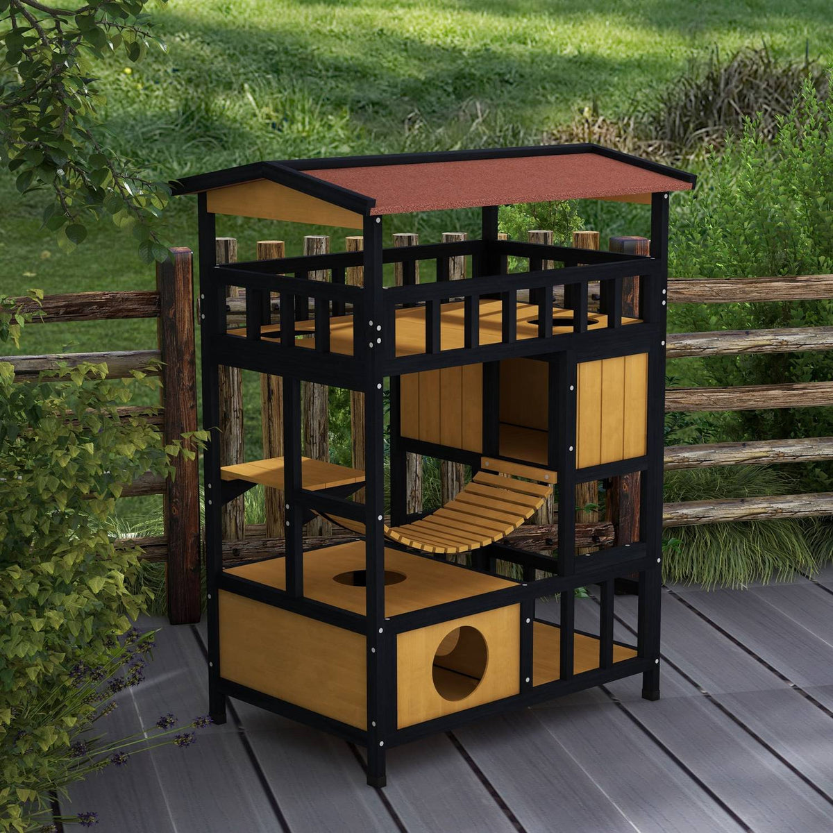 Wooden Cat House Cat Cave with Platforms, Hanging Bridge, Cat House for up to 2 Cats, Indoor and Outdoor Use, Yellow