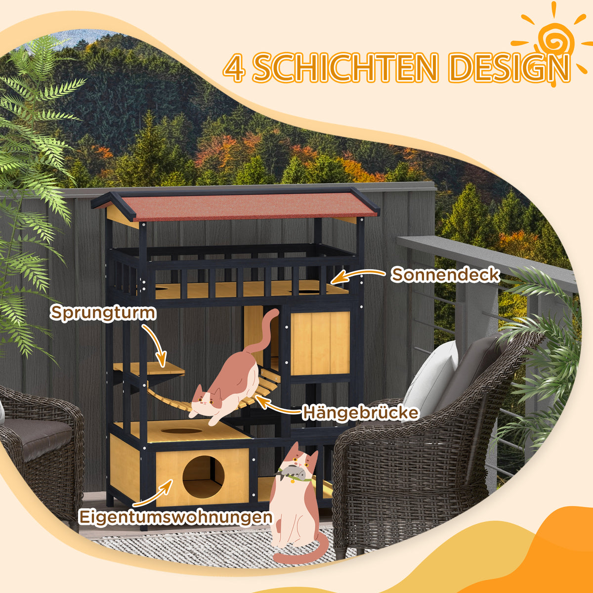 Wooden Cat House Cat Cave with Platforms, Hanging Bridge, Cat House for up to 2 Cats, Indoor and Outdoor Use, Yellow