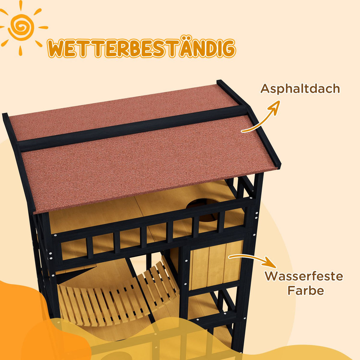 Wooden Cat House Cat Cave with Platforms, Hanging Bridge, Cat House for up to 2 Cats, Indoor and Outdoor Use, Yellow