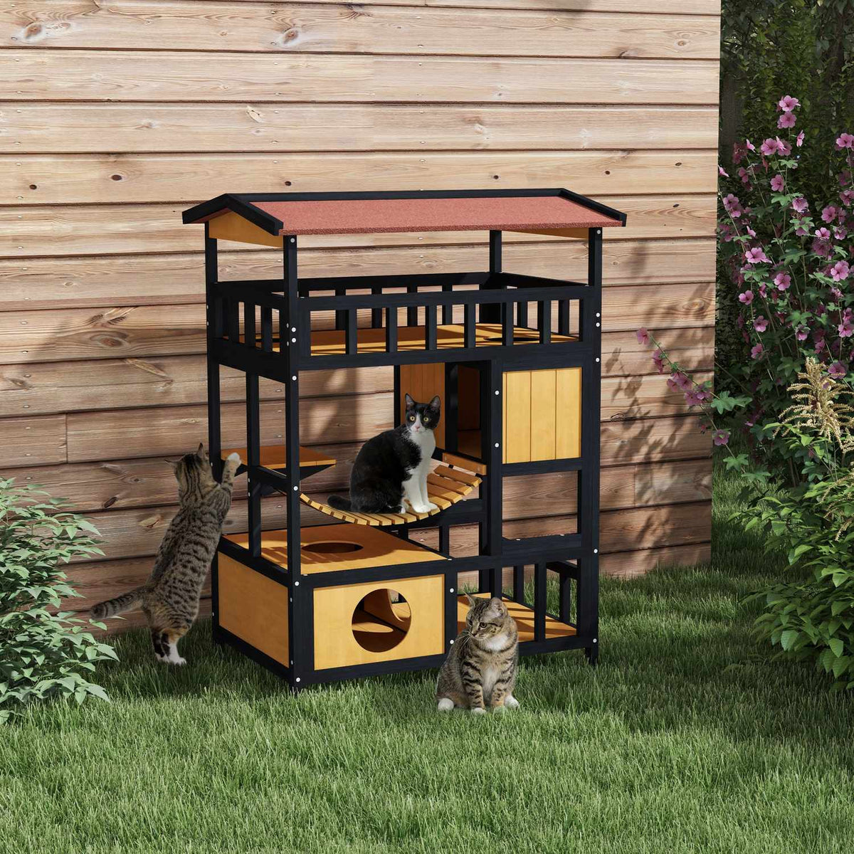 Wooden Cat House Cat Cave with Platforms, Hanging Bridge, Cat House for up to 2 Cats, Indoor and Outdoor Use, Yellow