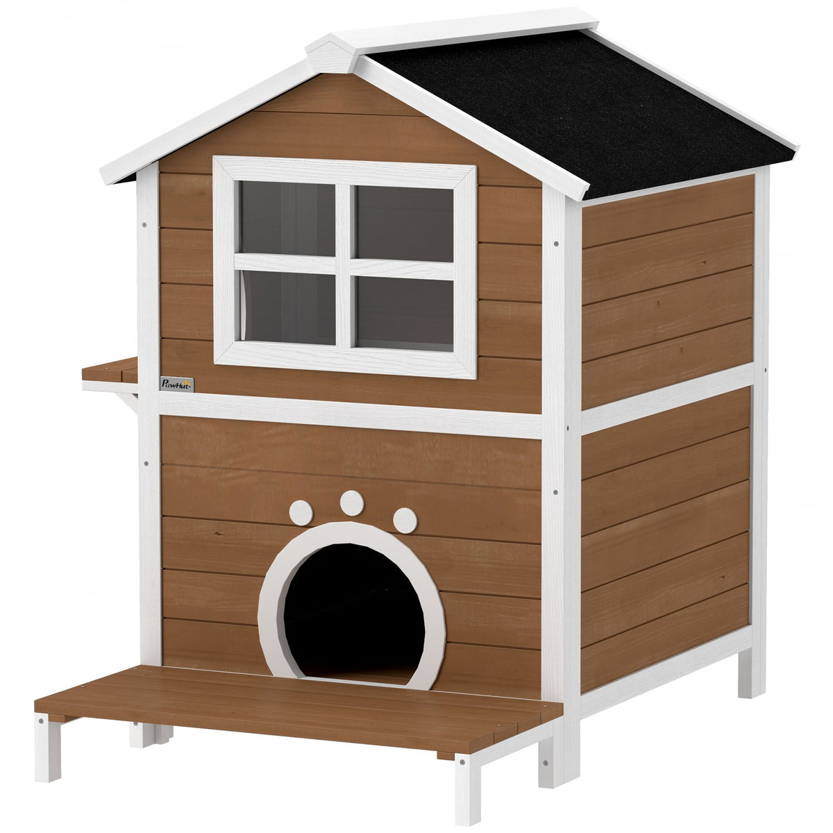  Wooden Cat House Cat Cave with Window Balcony Weatherproof Cat House with 2 Levels Removable Base for 1-2 Cats Indoor Outdoor 66 x 66 x 90 cm Brown