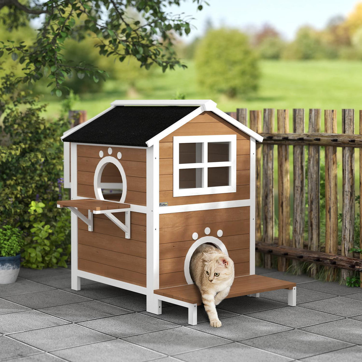  Wooden Cat House Cat Cave with Window Balcony Weatherproof Cat House with 2 Levels Removable Base for 1-2 Cats Indoor Outdoor 66 x 66 x 90 cm Brown