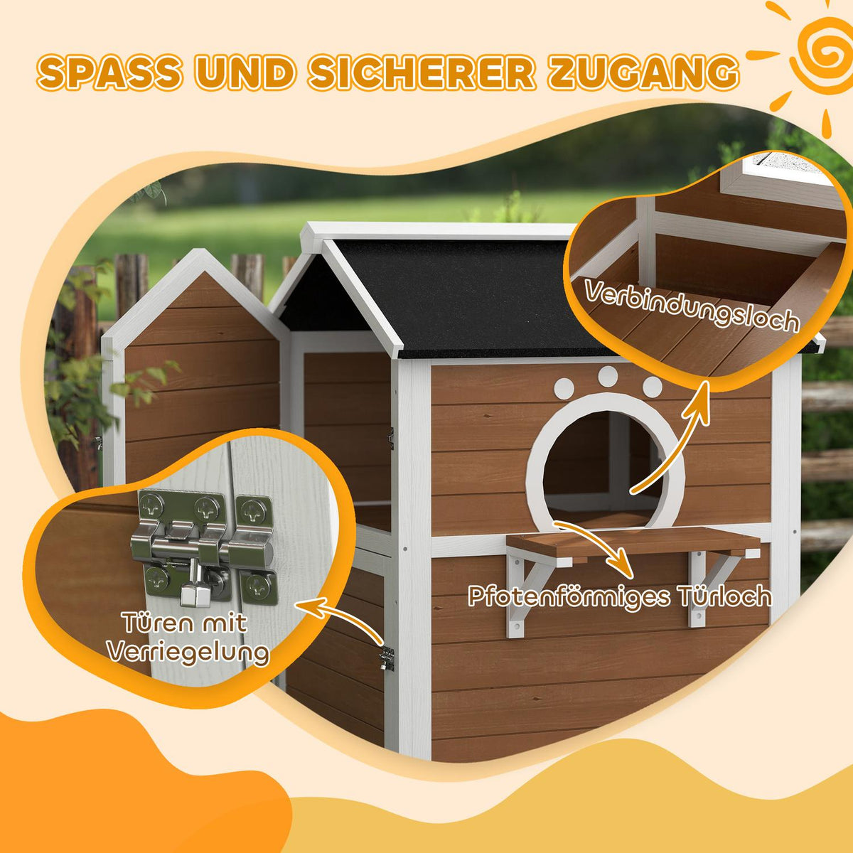  Wooden Cat House Cat Cave with Window Balcony Weatherproof Cat House with 2 Levels Removable Base for 1-2 Cats Indoor Outdoor 66 x 66 x 90 cm Brown